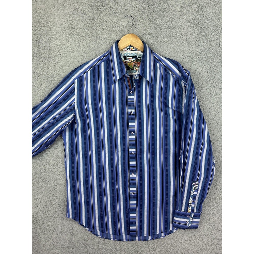 Robert Graham Shirt Mens Large Blue Stripe Button Front Long Sleeve Flip Cuff